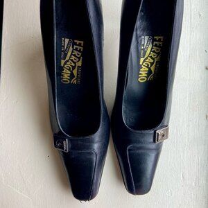 Black Vintage Salvatore Ferragamo Kitten Heels with Silver Emblem